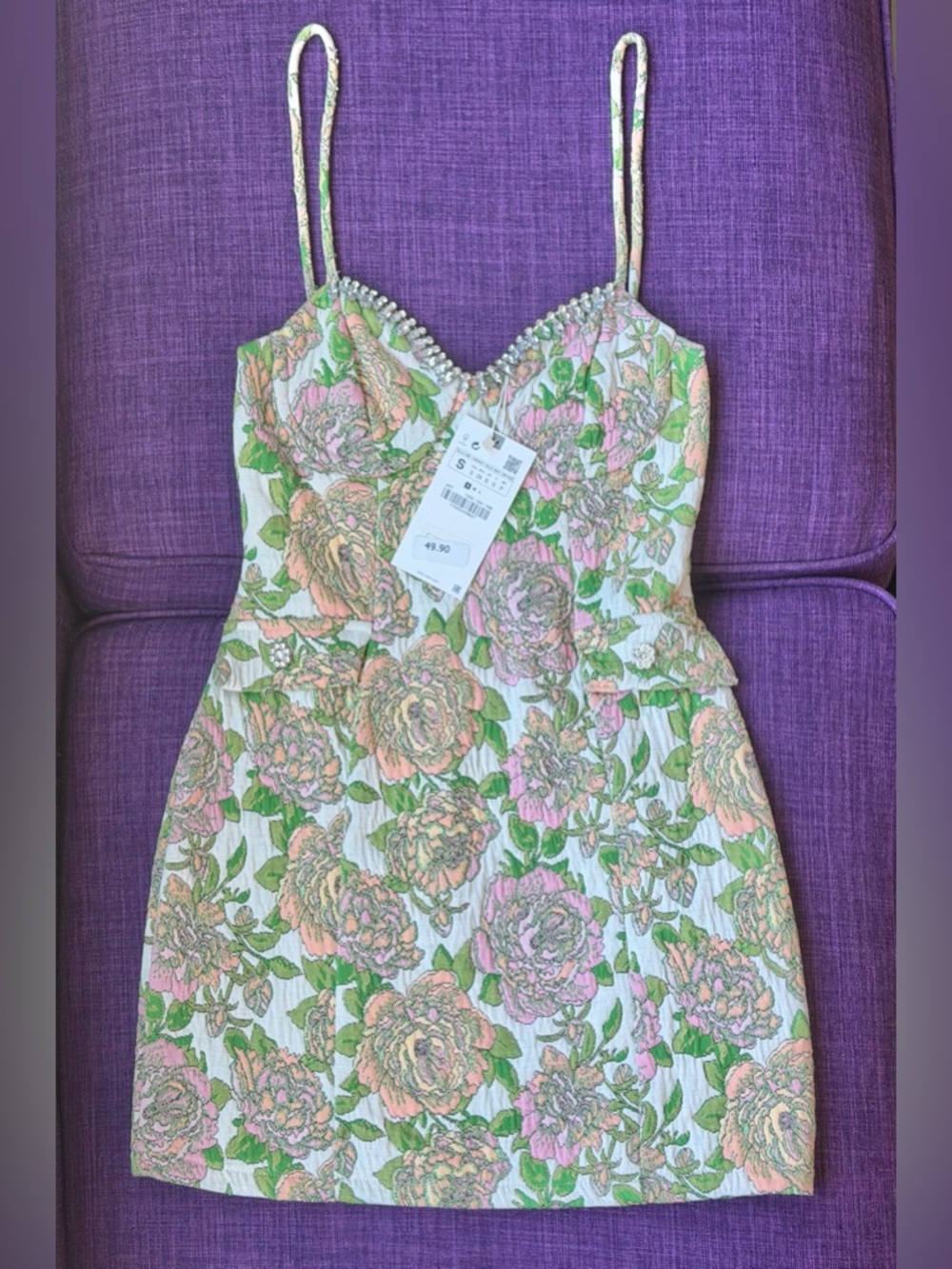 ZARA Floral Embroidered Mini Dress with Rhinestone Trim - Pink & Green